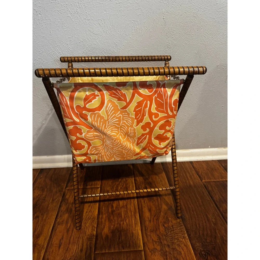 Vintage 1970s Wooden Knitting Bag Yarn Tote Needlework Sew Caddy Floral MCM Boho